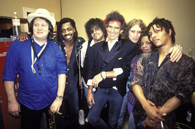 Bobby Keys, Steve Jordan, Charley Drayton, Keith Richards, Waddy Wachtel, Sarah Dash, Ivan Neville 1988 (Photo By:  Denis O'Regan)