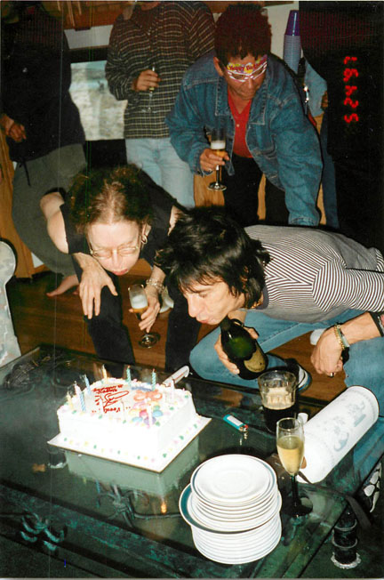 Waddy Wachtel, Ronnie Wood, Blondie Chaplin 1997 - Waddy & Ronnie's birthday party while making  the Bridges to Babylon album. (Photo by Mike Replogle)