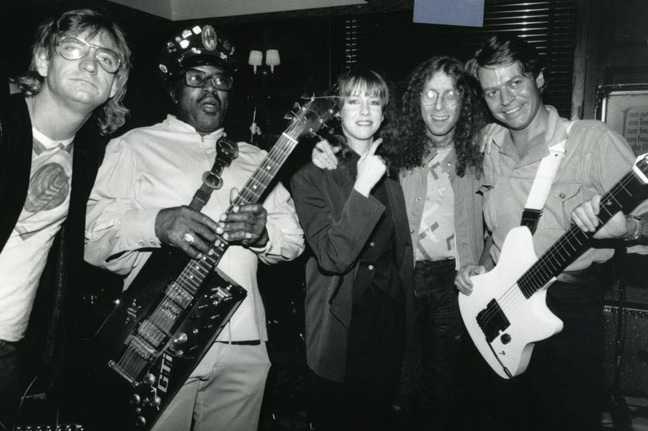 Joe Walsh, Bo Diddley, Laraine Newman, Waddy Wachtel and Robert Palmer at a performance at The Hard Rock Cafe, New York 1985