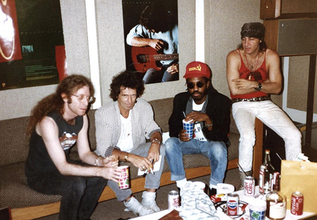 Waddy Wachtel, Keith Richards, Steve Jordan, and Little Steven Van Zandt at Sterling Sound, mastering Talk Is Cheap in July 1988. (Photo: J Bouquet)